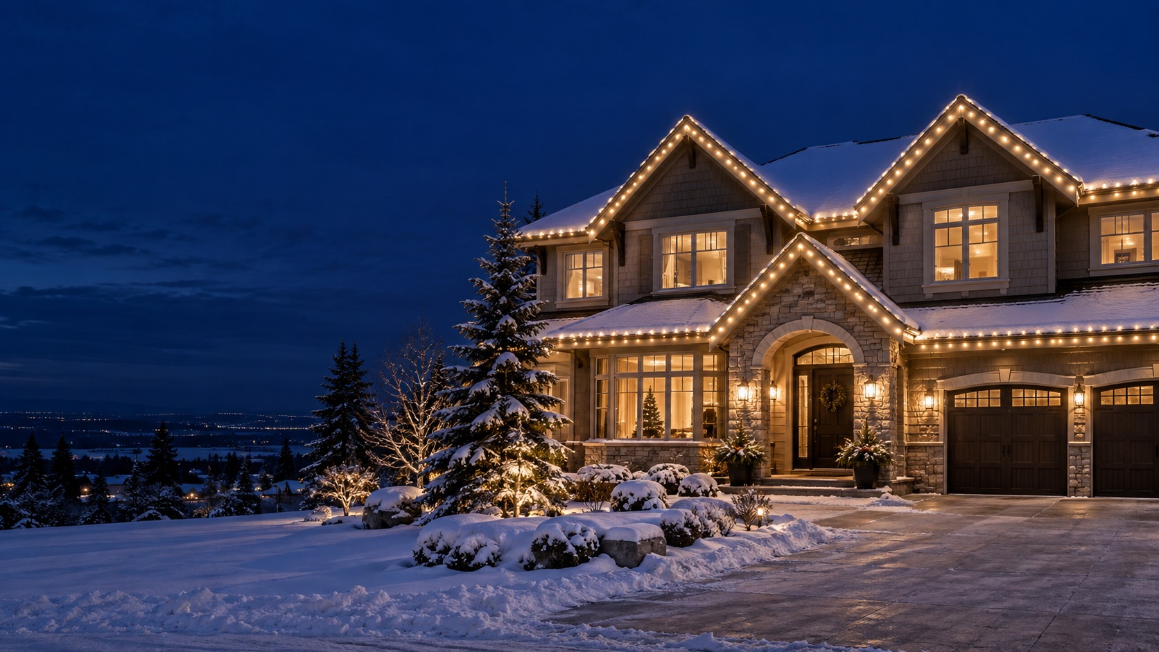 AI-created inspiration showing warm-white roofline lighting on a snowy home